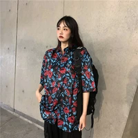 2021 spring summer floral printing blouse hong kong style short sleeve harajuku fashion women button up shirt korean clothes top