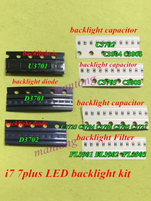 

10sets(160pcs) IC Chip Diode Capacitor U3701 D3701 D3702 C3702 C3725 C3704 C3705 For iphone 7 7plus Dim no LED backlight fix kit