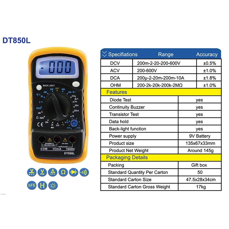 Цифровой мультиметр DT850L портативный мультиметры ручной тест er интеллектуальный