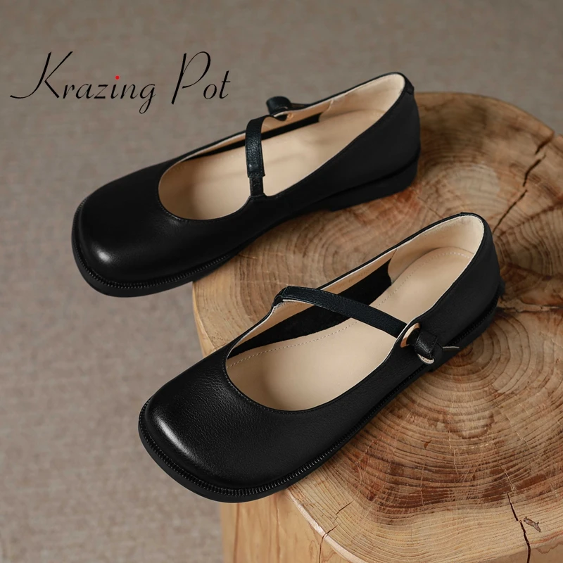 Krazing Pot full grain leather round toe low heel knotted decorations handmade high quality beauty girls basic women pumps L15
