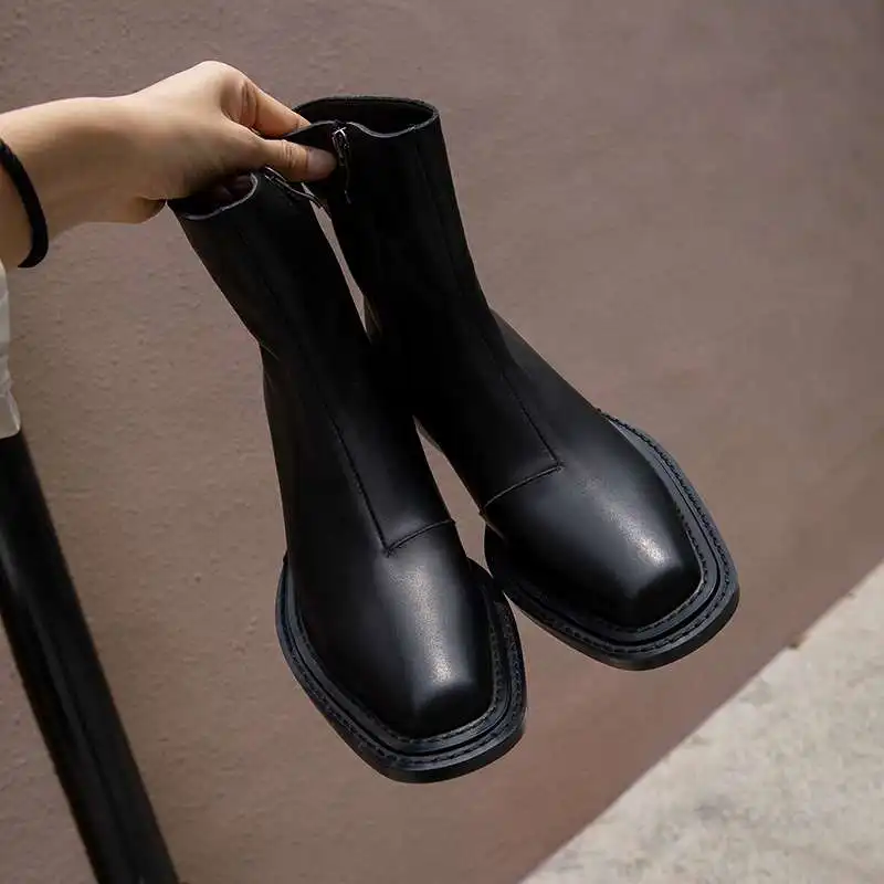 

Krazing pot 2020 winter hot sale Chelsea boots simple style genuine leather square toe med heel keep warm basic ankle boots L31