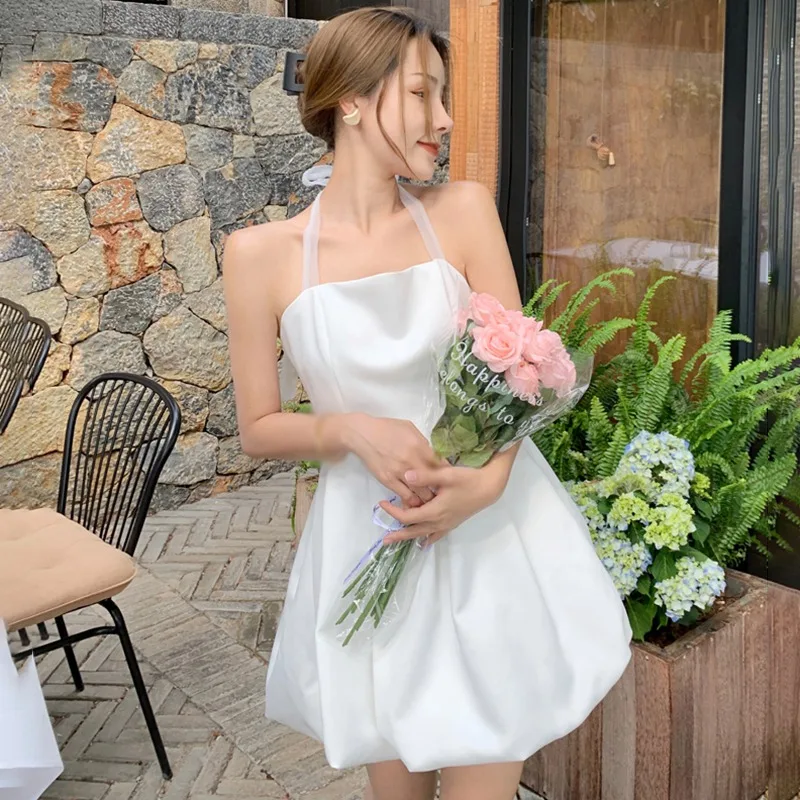 

Summer Sleeveless Short Halter Dress Women Solid Color Loose Holiday Sling Dress High Waist Casual Backless Dress