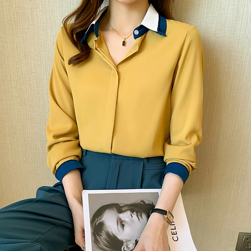 

Summer New Women's Blouses Polo Shirt Long Sleeve Top Fashion Loose Pleated Solid Color Chiffon Casual
