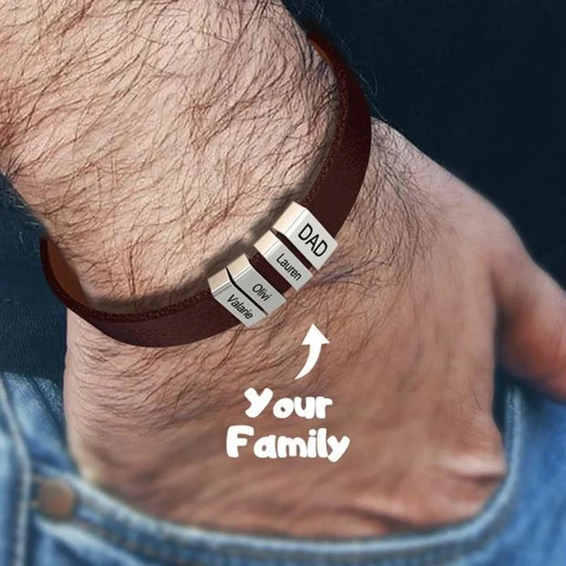 PolishedPlus dostosowana skórzana bransoletka dla mężczyzn ze stali nierdzewnej wygrawerować nazwę rodziny Id Tag dla taty dzień ojca prezent