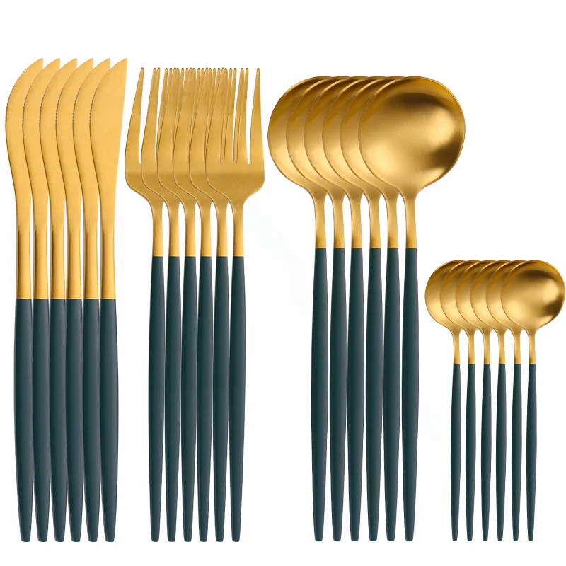 Green Gold Stainless Steel Cutlery Set Fork Knife Set Tableware Kitchen Dinnerware Set Spoons Forks Knifes Complete Dinner Set
