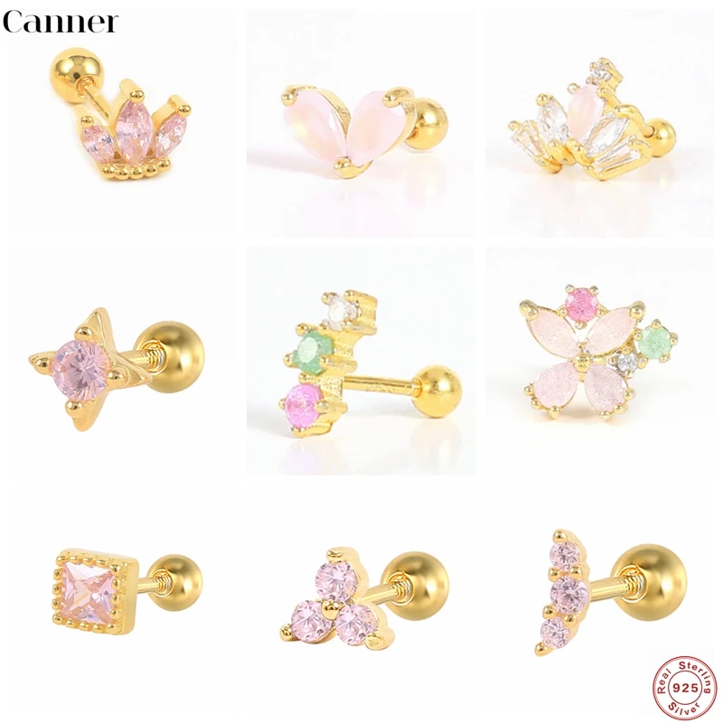

CANNER 1pcs 925 Sterling Silver Stud Earrings Helix Cute Pink Zircon Piercing Earrings For Women Fine Jewelry Cartilage Aretes