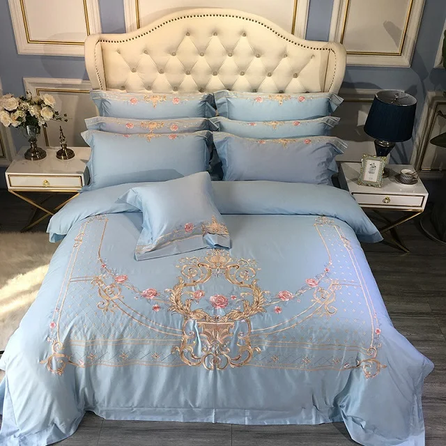 sky blue 60S Египетский хлопок Роскошная вышивка 4 шт. пододеяльник плоский лист наволочка/свет Toon цвет постельных принадлежностей - Цвет: sky blue