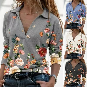 Women's Clothing Autumn And Winter New Fashion Women's V-neck Flower Print Long-sleeved Casual Loose T-shirt Plus Size 10 item image