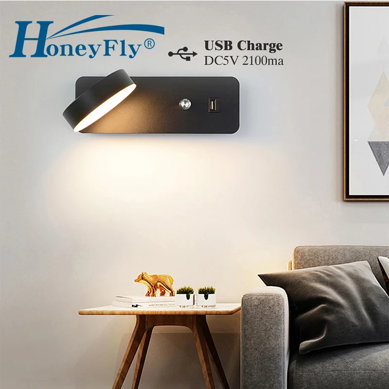 

HoneyFly LED Wall Lamp With Knob Switch USB Interface 9W Fashion White Black Wall Light Fixture Corridor Aisle Beside Lighting