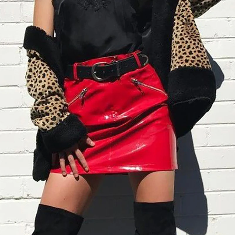 Однотонные мини-юбки из искусственной кожи в стиле ретро и панк для девочек г. Брендовая уличная юбка в стиле хип-хоп ярких цветов из искусственной лакированной кожи Harajuku, с карманами, Vestido