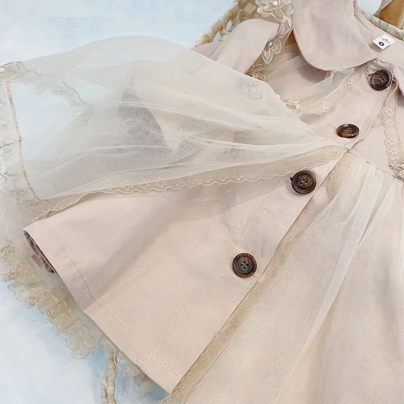 

Fashion Girls Jackets & Coats 2021 Spring New Beige Girls Dress Long Sleeve Mesh Korean Princess Dress Lace Kids Jacket 1-6Y