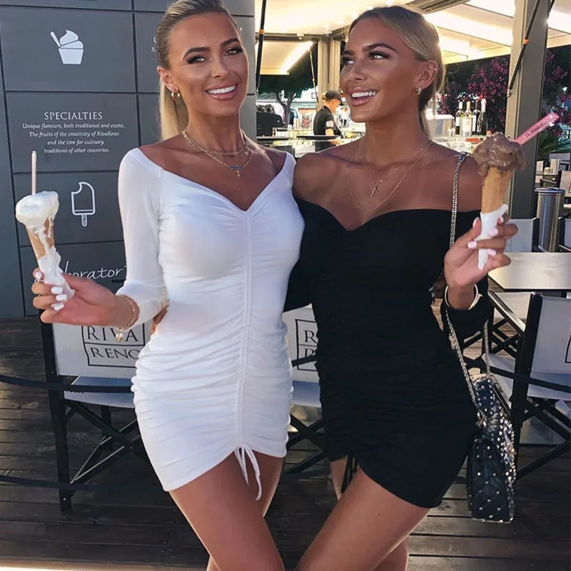 Женское облегающее платье с открытыми плечами длинным рукавом и рюшами|Женские