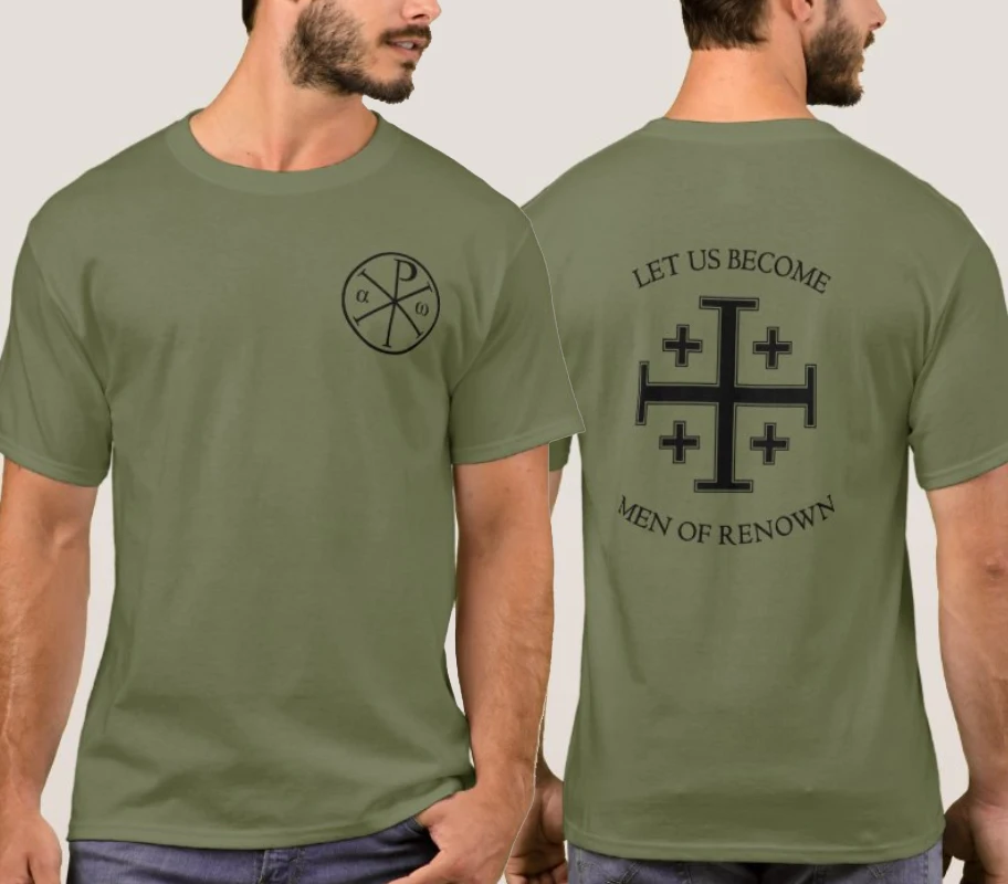 

Let Us Become Men of Renown. The Scriptures and The Jerusalem Cross T-Shirt. Summer Cotton Short Sleeve O-Neck Mens T Shirt New