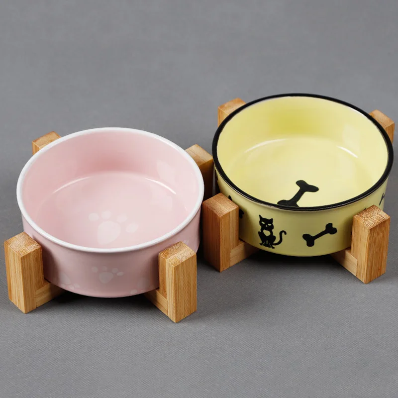 Нескользящие миски для кошек керамические с твердой деревянной подставкой