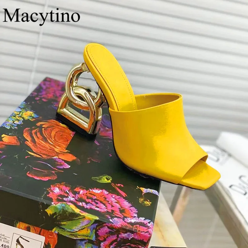 2023 New Strange Metal High Heel Ladies Slippers Summer Square Toe Shallow Mouth Sandals Fashion Party Black Slippers