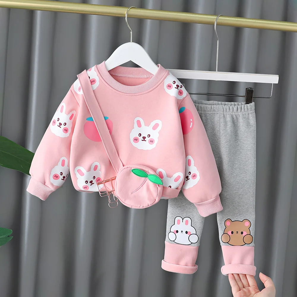 

Girls Spring Autumn Plus Velvet Clothes For Kids 2021 New Warm Cartoon With Bag Female Baby Winter Suit Bebes Costume 1 2 3 4 T
