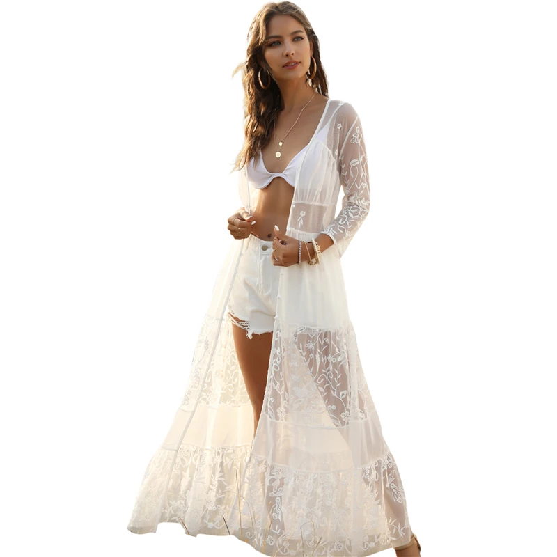 

2020 European and American seaside beach vacation swimsuit bikini smock white sunscreen lace openwork cardigan smock