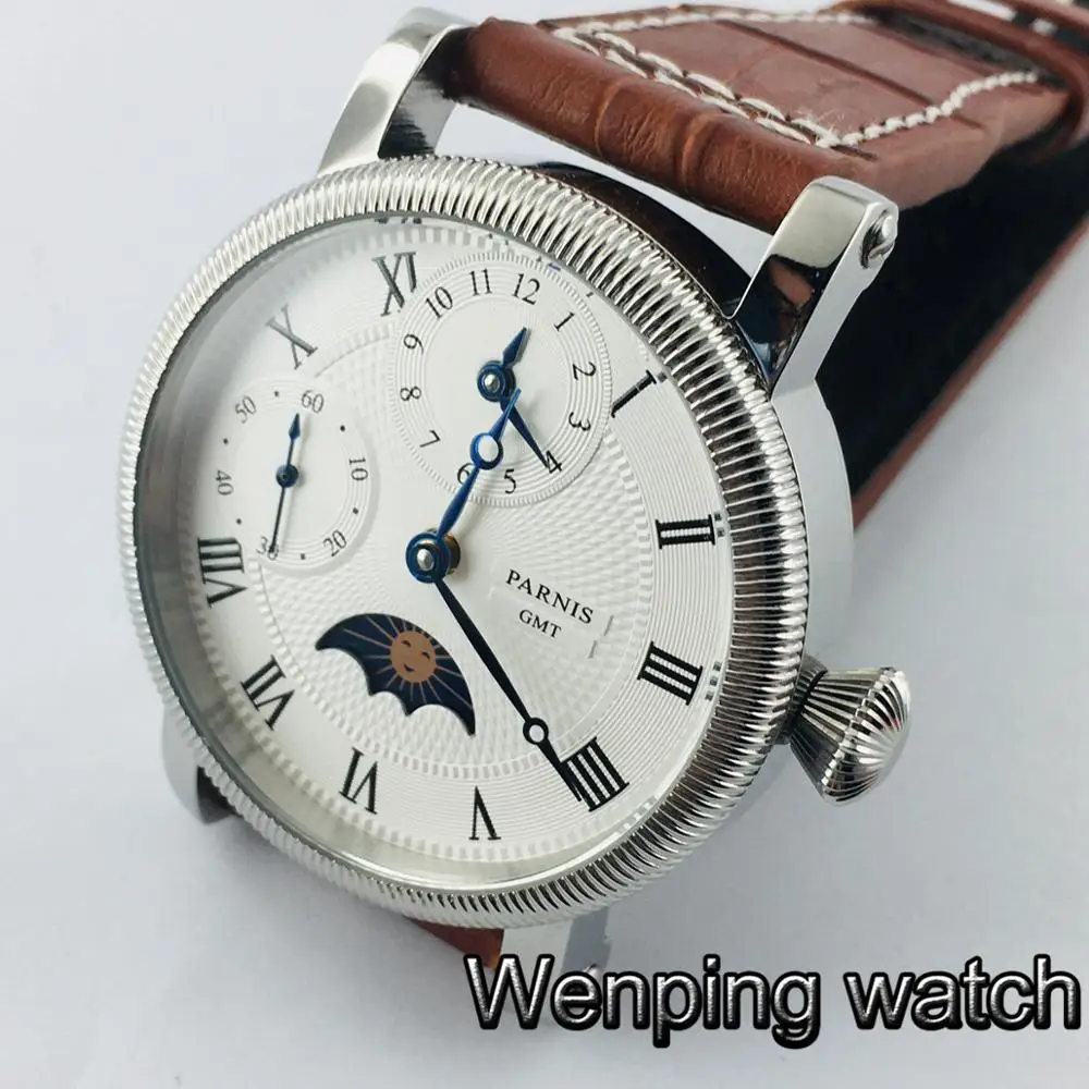 Parnis Мужские механические часы с белым циферблатом GMT 43 мм|Мужские часы| |
