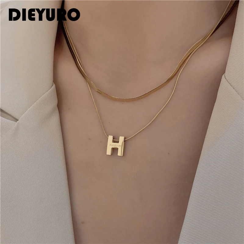 

DIEYURO 316L Stainless Steel 2 Layer Snake Bone Chain Necklace Trendy Letter H Pendant Design High Quality Jewelry For Women