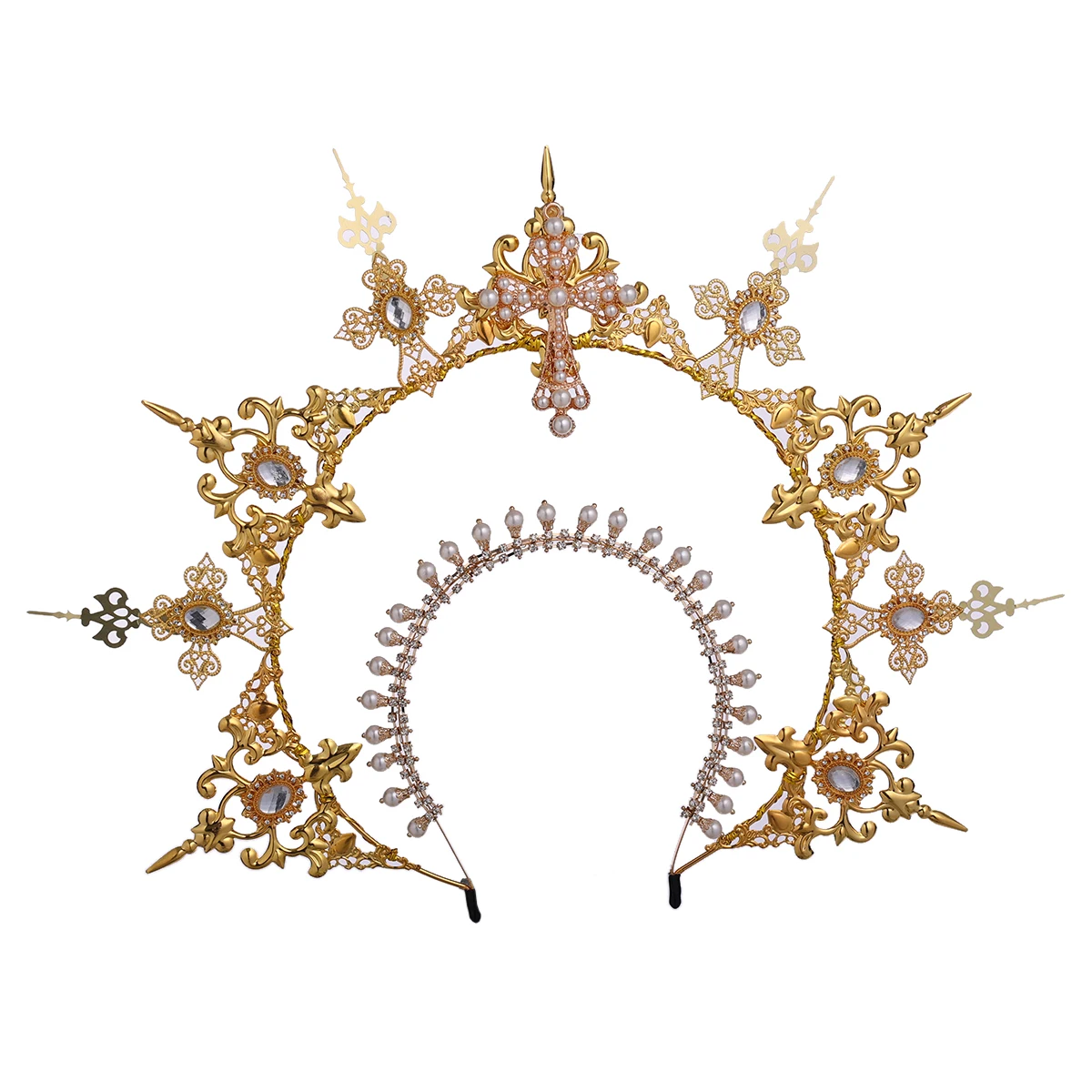

Baroque Tiara Virgin Mary Halo Bride Crown Bead Chain Headwear Lolita Vintage Headband Angel Gold Halo Goddess Headpiece