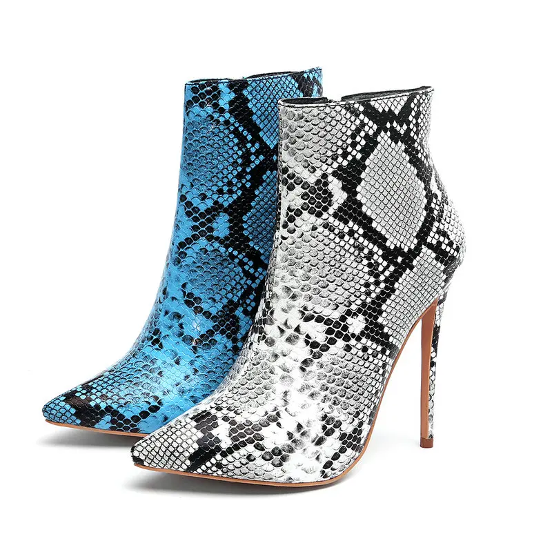 

Microfiber Ladies Spring Autumn Snake Pattern Short Boots Sexy Stiletto 12cm Pointed Toe Zipper Plus Size Winter Women's Shoes