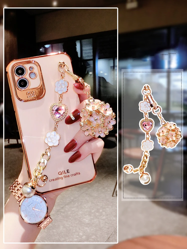 Luxury Plating Glitter Bling Camellia Gem Bracelet Flower Pendant Phone Case For IPhone 12 11 Pro XS MAX XR X 7 8 Plus Cover | Мобильные