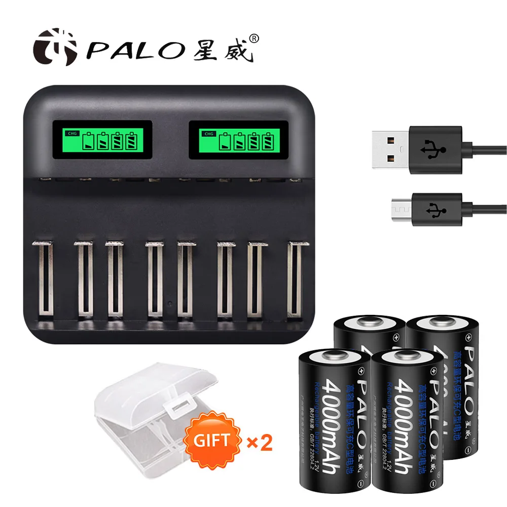 With charger Palo 4 шт. C размер перезаряжаемая батарея NiMh+ USB быстрая зарядка C D зарядное устройство lcd для размера AA AAA SC C D батарея NiMh NiCd 1,2 в - Цвет: With charger