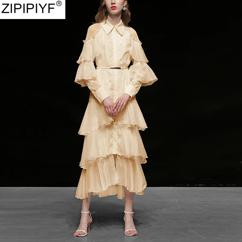 Женское платье миди с оборками элегантное трапеция длинным рукавом и отложным