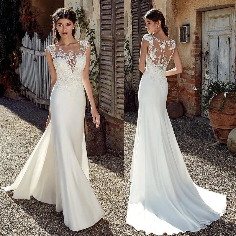 

Mermaid Bohemia Wedding Dresses 2021 Cap Sleeves Tulle Lace Applique Plus Size Satin Wedding Gowns Bridal Robes Long White Dress