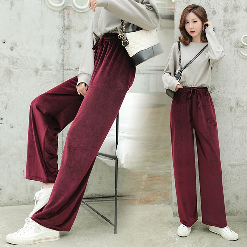 

Fashion Wide Leg Pants For Women 2021 Autumn New Casual Solid Pleuche High Waist Long Loose Trousers Soft Pants Femme Plus Size