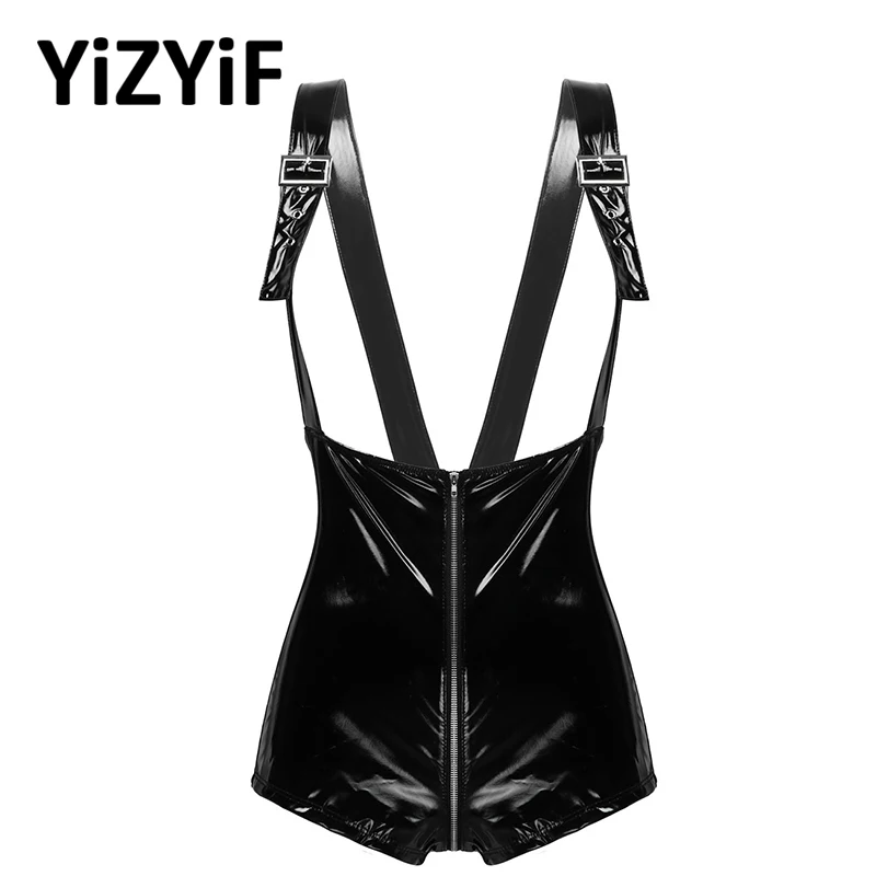 

Womens Suspender Shorts High Waist Mesh Splice Side Zippered Crotch Suspender Bottom Booty Shorts Wet Look Patent Leather Shorts