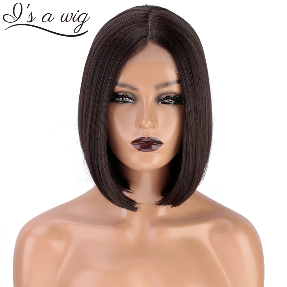 

I's a wig Short Straight Dark Brown Synthetic Wigs Middle Part Bob Wig for Women Black Red White Blonde Color Natural Hair