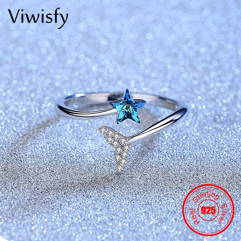 

Viwisfy Fish Tail Blue Star Opening Real 925 Sterling Silver Ring Woman Luxury Jewelry Wedding Bands Gift For Girl VW21461