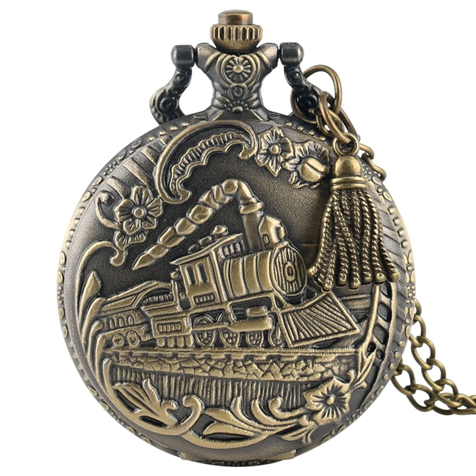 

Bronze Train Front Locomotive Engine Necklace Quartz Pocket Watch Chain Flower Superb Sculpture Retro Pendant + Tassel Accessory