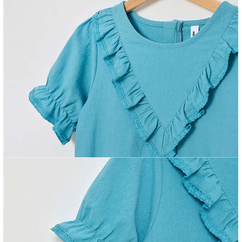 

Girls Solid Collor Dress 2021 New Kids Summer Dress Teen Casual Dress Children Baby Clothes 100% Cotton Lace Flower Edge,#6260