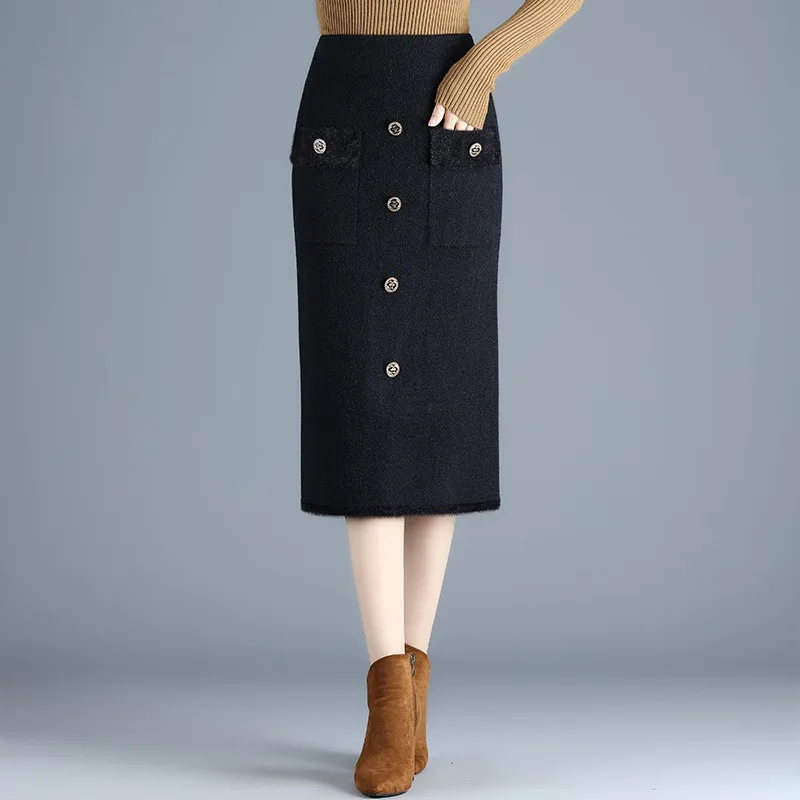 

Autumn & Winter New Elastic High Waist Slimming Simple Black Woolen Skirt All-match Casual Women A-line Long Skirt Free Shipping