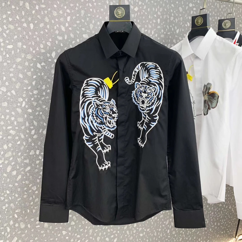 DUYOU Мужская рубашка хлопок мужская классическая с вышивкой Double Tiger Seiko