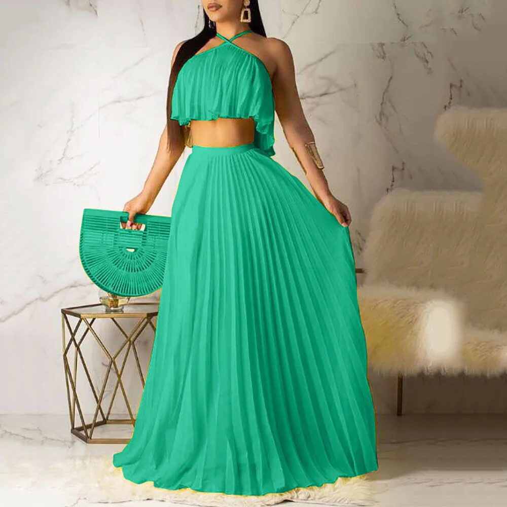 

2021 New Skirt Sets Summer Outfits Women Matching Sets Pleated Crop Tops & High Waisted Skirts Floor Length Evening Night Sets