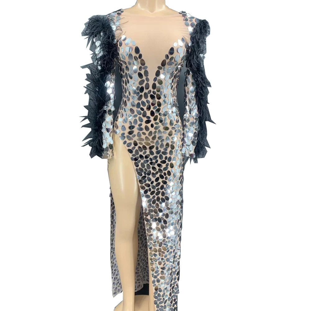 

Sparkling Sequins Women Dress Drag Queen Design Black Feathers Split V Neck Ankle-Length Outfit 2022 New Nightclub Costumes