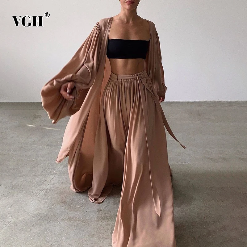 

VGH Casual Three Piece Set For Women Short Vest Lantern Long Sleeve Coat High Waist Wide Leg Pants Sexy Sets Female 2021 Fashion