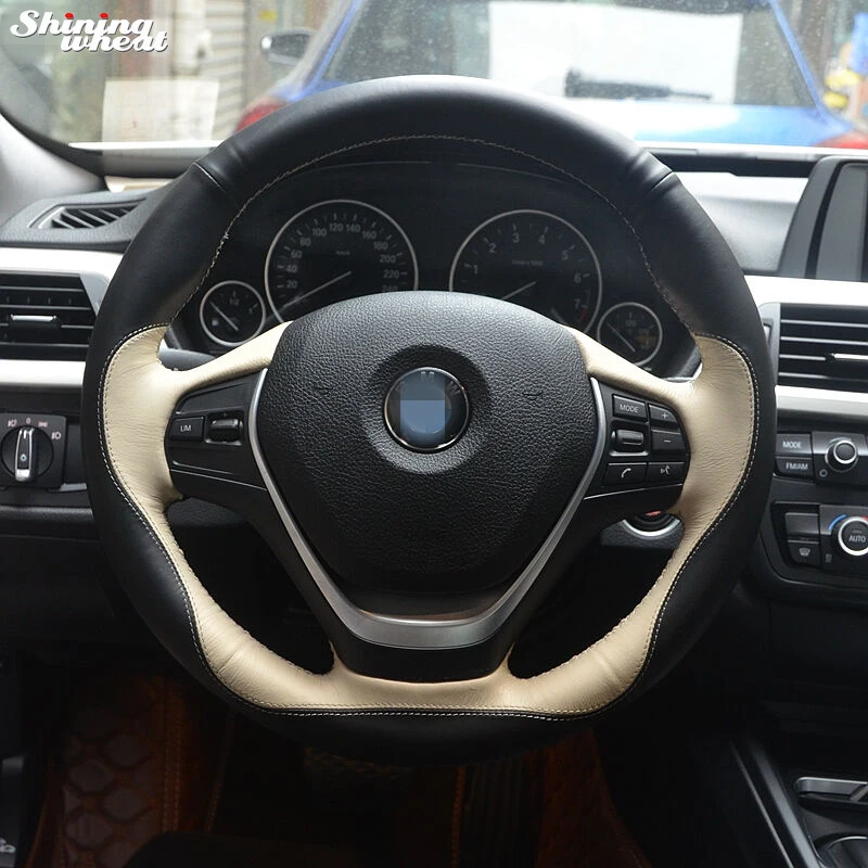 

Black Beige Leather Hand-stitched Car Steering Wheel Cover for BMW F30 320i 328i 320d F20