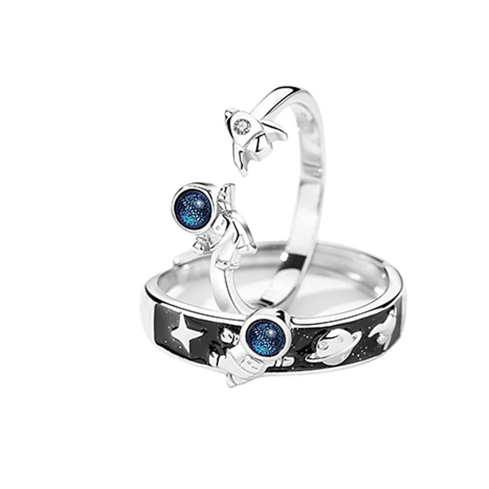 

2pcs/set 925 sterling silver lovers astronaut ring fashion jewelry high quality crystal zircon hot sale woman man couple ring