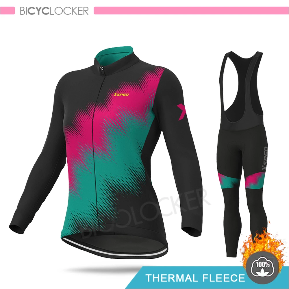 Bib Cycling Set Куртка женская зимняя одежда для велоспорта, комплект из Джерси с длинным рукавом для шоссейного велосипеда, Теплая Флисовая одежда для женщин, костюмы для верховой езды - Color: Bib Cycling Set