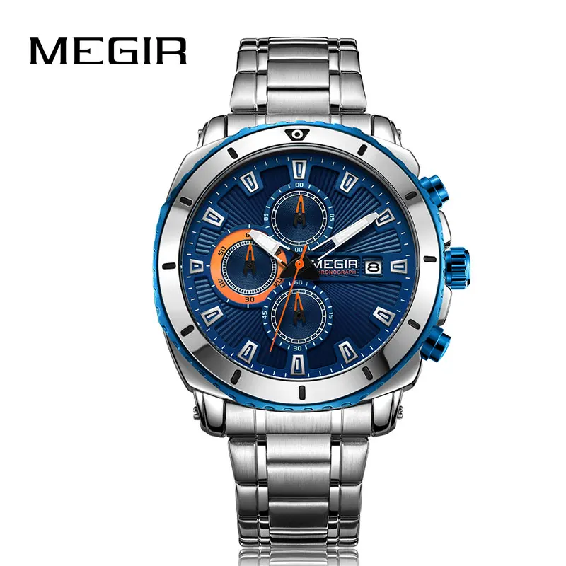 MEGIR Chronograph Quartz Mens Watches Luxury Brand Stainless Steel Business Wrist Men Clock Time Relogio Masculino | Наручные часы