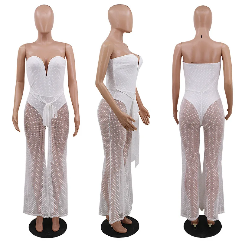 

evening unique black open chest for fall 2020 polka dot party wide leg nude women jumpsuits