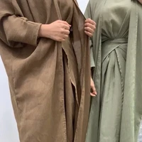 3 piece matching set women muslim linene dubai arabic modest outfit plain kimono open abaya maxi dress wrap front skirt long eid