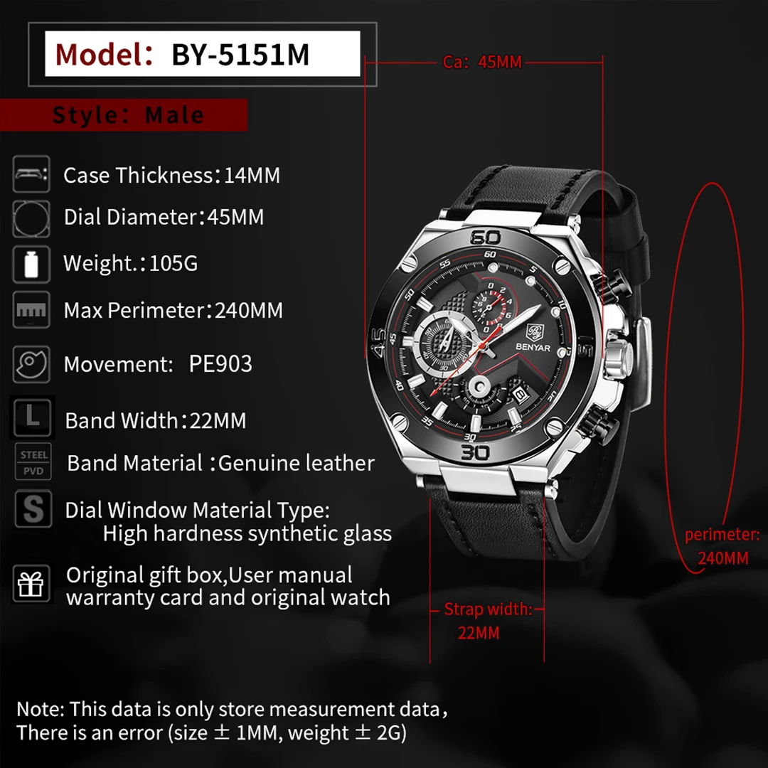 

Brand Fashion Male watch 30M Waterproof Sports Quartz Watch Leather Military Chronograph Watch for Men reloj hombre
