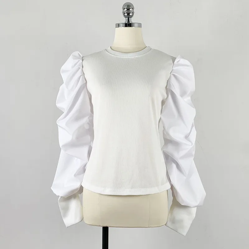 

Women Blouse Puff Sleeve Shirts Round Neck Patchwork Ruffles Knit Shirt Vintage Casual Blouses
