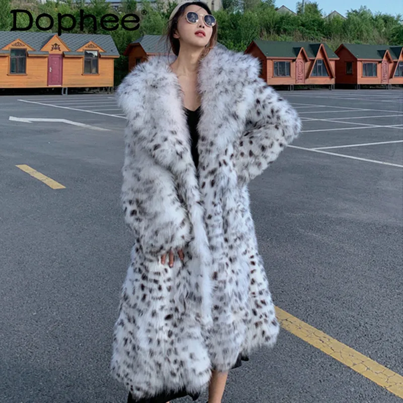 

2021 Autumn Winter Fox Artificial Fur Coat Women Mid-Length Leather Fur Coat Fashion Black White Leopard Thick Warm Fur Cloak