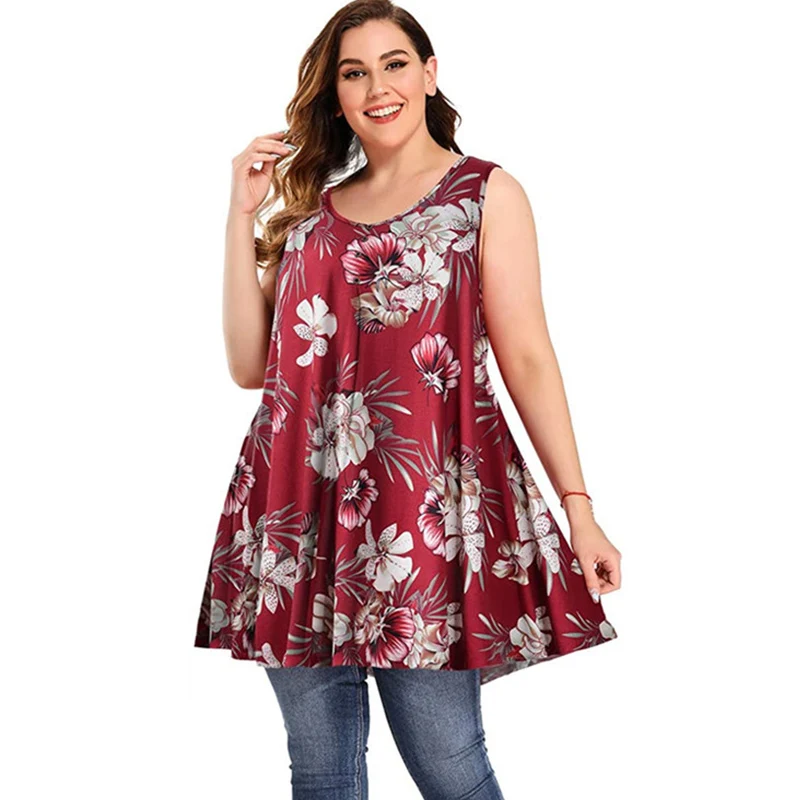 4XL 5XL размера плюс Длинная блузка для женщин лето 2021 круглый вырез без рукавов